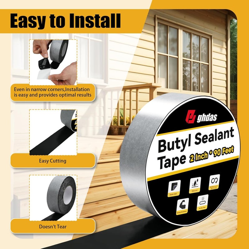 Bghdas - 2 Pack Butyl Sealant Tape 2" X 90' - Double Sided - Black Vapor Barrier Butyl Tape for Wall of Crawl Space, Rv Windows, Deck Boat, Crawlspace (Waterproof, Weatherproof) - Image 5